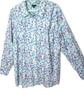 Talbots Plus Size 3X Top Womens Blue Green Floral Button Up Shirt Long Sleeve